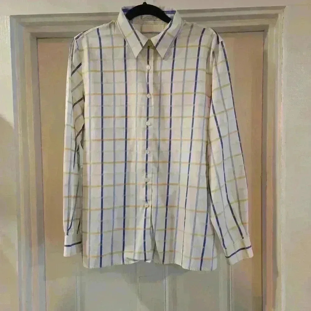Foxcroft Womens Collared Cotton Plaid Button Down Shirt Blue Green Size 14